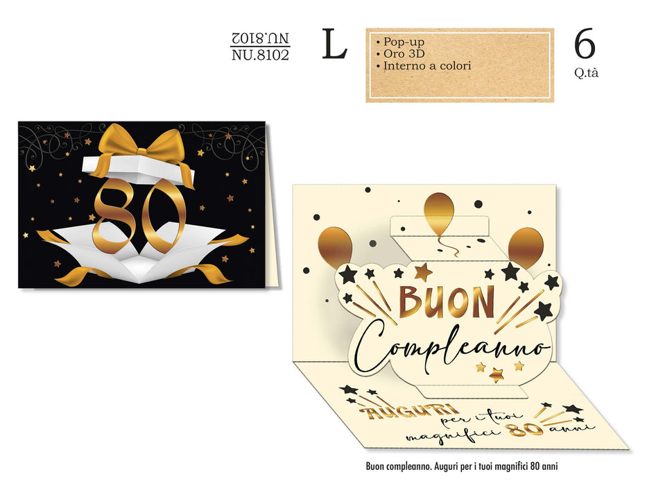 CROMO BIGLIETTI AUGURALI 80 ANNI ORO POP UP 8102- Conf. da 1
