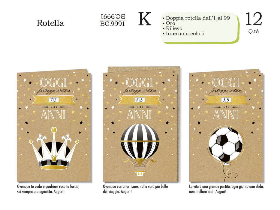 CROMO BIGLIETTI COMPLEANNO MASCHILE ROTELLA BC.9991- Conf da 12