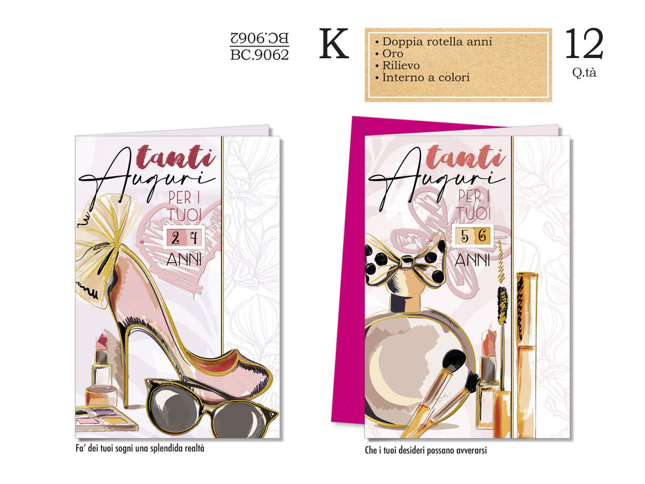 CROMO BIGLIETTI COMPLEANNO FEMMINILE ROTELLA ANNI BC.9062 - Conf da 12