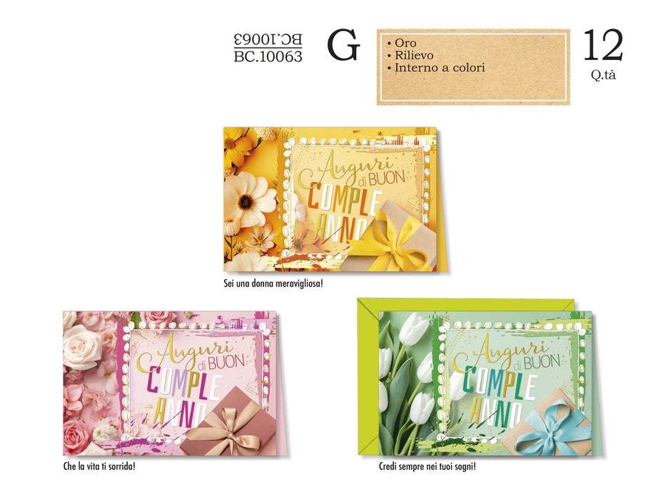 CROMO BIGLIETTI COMPLEANNO FEMMINILI FIORE BC.10063 - Conf da 12