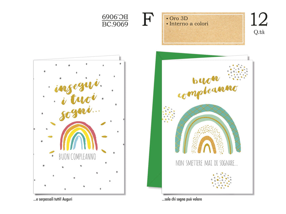 CROMO BIGLIETTI AUGURALI COMPLEANNO ARCOBALENO BC.9069- Conf da 12