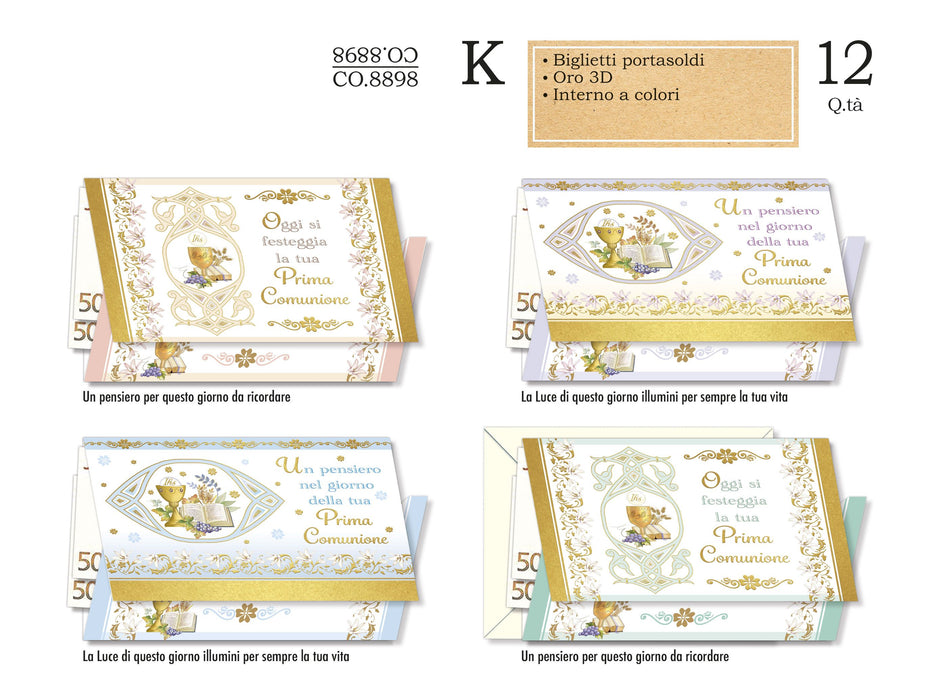 CROMO BIGLIETTI COMUNIONE PORTASOLDI 4 SOGGETTI CO.8898 - Conf da 12