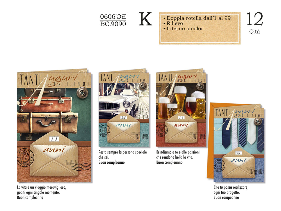 CROMO BIGLIETTI COMPLEANNO MASCHILE ROTELLA BC.9090 - Conf da 12