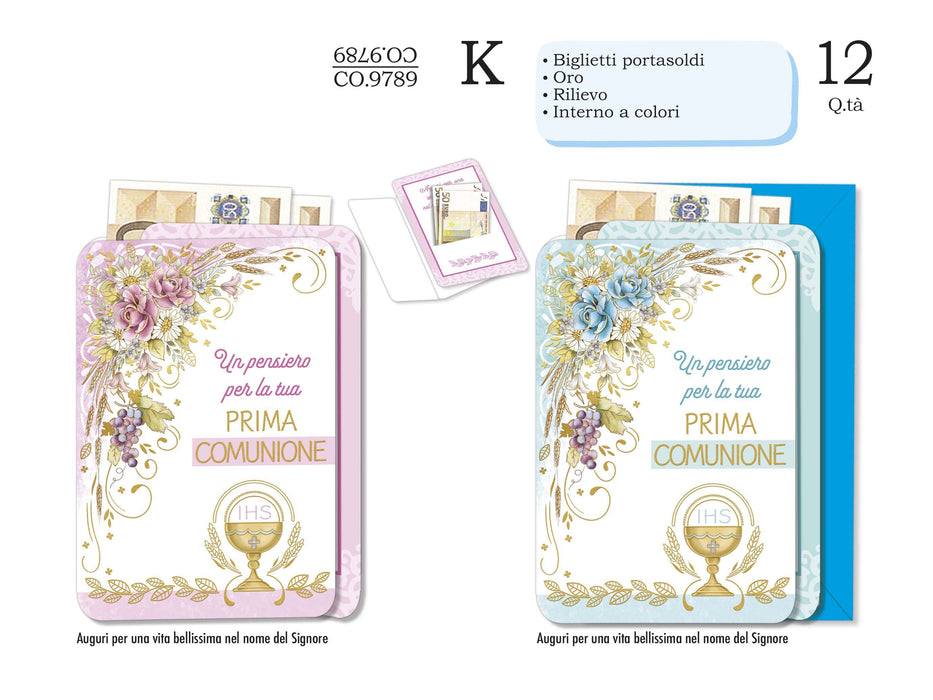 CROMO BIGLIETTI COMUNIONE PORTASOLDI CO.9789 - Conf da 12