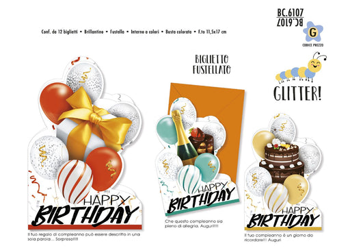CROMO BIGLIETTI AUGURALI COMPLEANNO HAPPY BIRTHDAY DOLCI 6107 - Conf. da 12