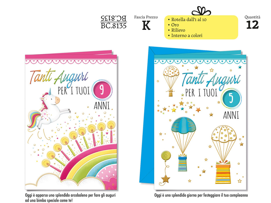 CROMO BIGLIETTI COMPLEANNO BAMBINI ROTELLA BC8135 - Conf. da 12