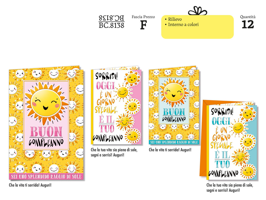 CROMO BIGLIETTI COMPLEANNO BAMBINI SOLE BC8138 - Conf. da 12