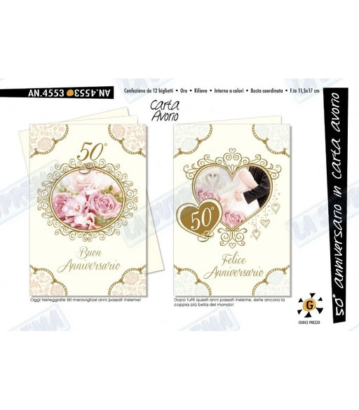 CROMO BIGLIETTI AUGURALI ANNIVERSARIO CARTA AVORIO NO.4553 - Conf. da 12