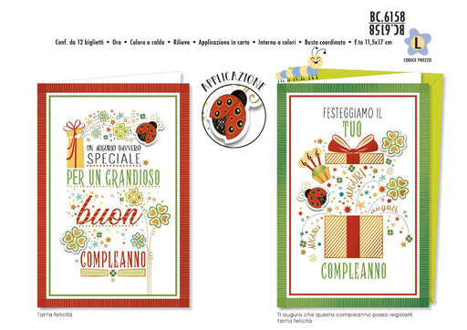 CROMO BIGLIETTI AUGURALI COMPLEANNO APPLICAZIONI COCCINELLE 6158 - Conf. da 12